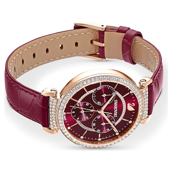 Passage Chrono Watch, Leather strap, Red, Rose-gold tone PVD